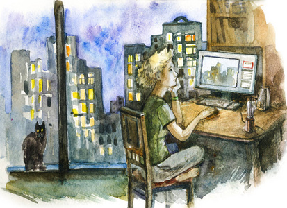设计器在夜间工作的计算机图形的 web 设计.绘图和绘画.发展.