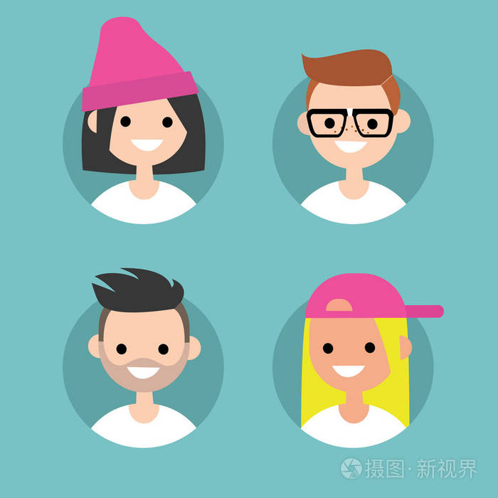 千禧一代配置文件图片套平面向量肖像