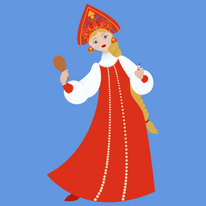 民间的女孩可爱的俄罗斯女孩,在红色传统民间服饰照片