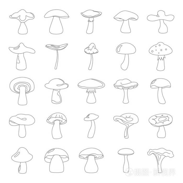 卡通蘑菇矢量图中细线样式设置.不同的自然设计类元素蘑菇