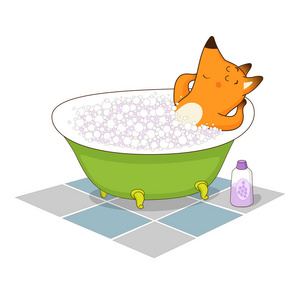 卡通狐狸与香泡沫洗个澡.下一步在地板上是一瓶的泡泡浴照片