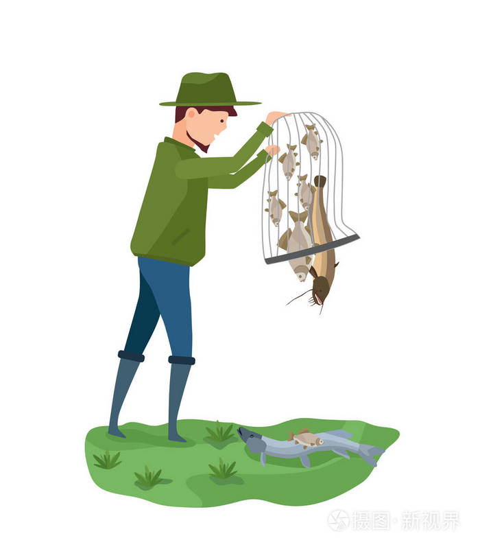 岸,渔夫把鱼在地面上