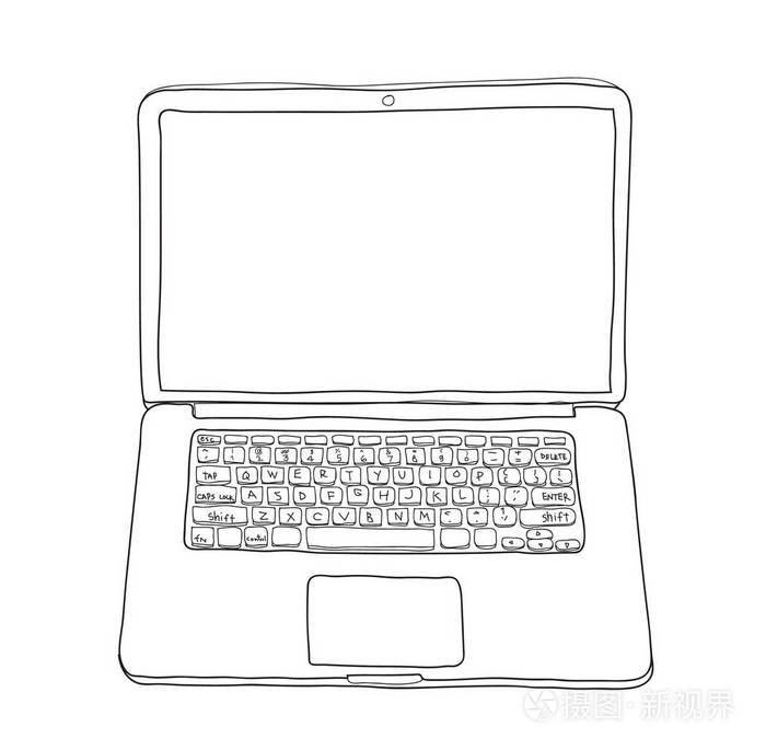 笔记本电脑手绘可爱线条艺术矢量插图