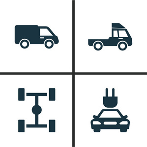 汽车图标设置。范 轴距 卡车和其他元素的集合。此外包括卡车 机箱 轴距等符号