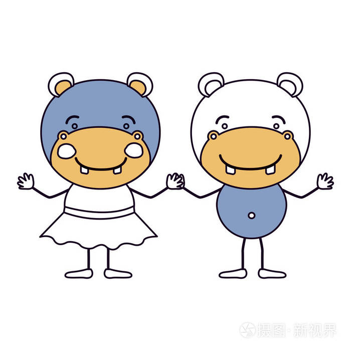 轮廓颜色部分漫画与夫妇手牵着手的河马