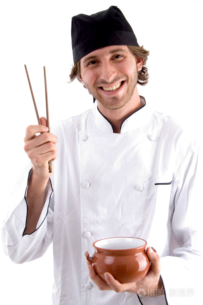 快乐的厨师拿着碗筷照片-正版商用图片00b5el-摄图新视界