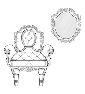 巴洛克式家具丰富的扶手椅和镜子框架。手工制作的装饰的装饰。矢量图