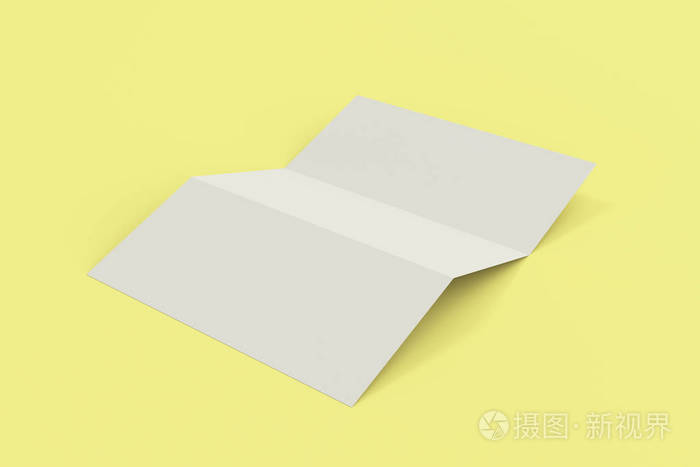 空白的白色三折小册子样机在黄色背景上