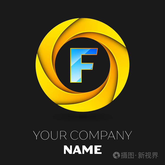 在黑色背景上的彩色圆的现实字母f矢量标志符号您设计的矢量模板