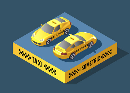 黄色的轿车。出租车运输服务。图表和游戏的设计理念。出租车汽车设计。平的 3d 等距矢量图