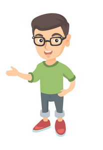 快乐的小男孩指着白人小男孩指着他的手照片