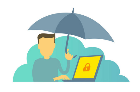 男人用的伞。保护您的计算机免受侵害。保险。防保护。矢量图