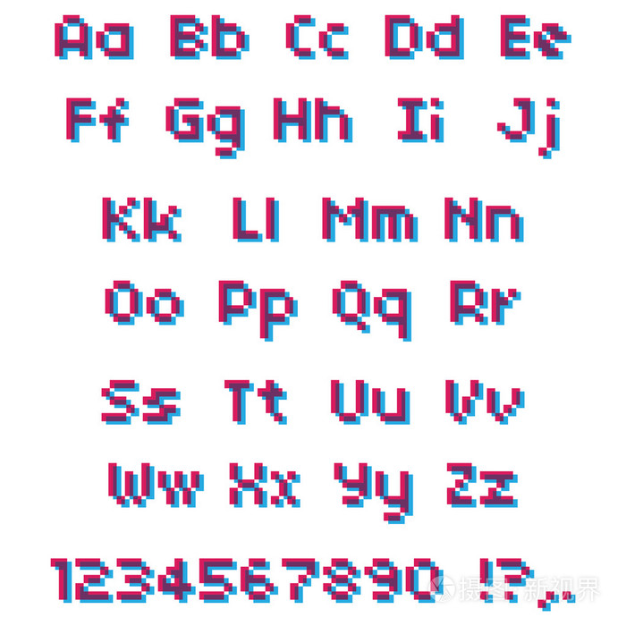 矢量像素字母表。粉色和蓝色的字母和数字
