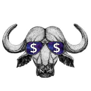 水牛,牛,牛戴眼镜与美元标志图与野生动物为 t 恤,纹身素描, 修补程序