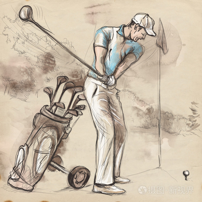 高尔夫玩家-手绘制,绘制插图
