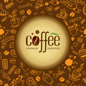 咖啡和茶的涂鸦背景。咖啡的会徽