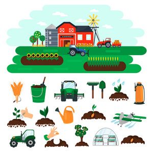 农业颜色平面图标设置。针对 web 和移动设计农场彩色插图