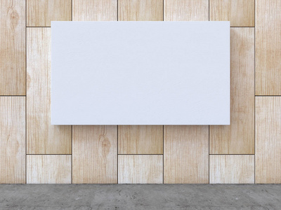 白色的空白画布，实木拼花墙与混凝土楼板背景上。3d 渲染
