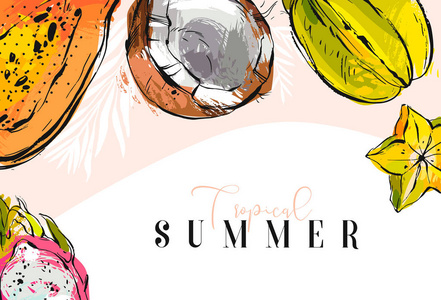 手绘矢量抽象写意纹理热带夏天反常背景上白色孤立的热带水果