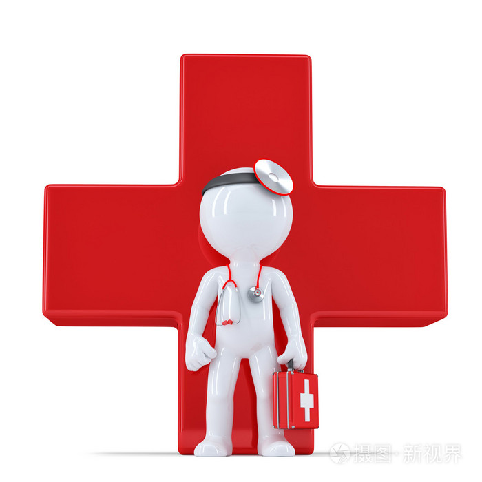 3d位医生在巨型红色十字架孤立包含剪切路径