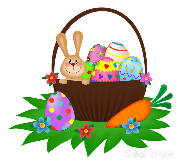 复活节兔子与彩绘在篮子里的鸡蛋