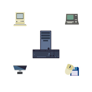 平面图标计算机集的处理器 Pc 电脑鼠标和其他矢量对象。此外包括软盘，处理器，复古元素