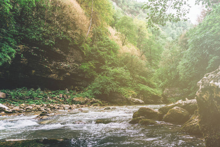 热带雨林，水蒸汽在关岛峡谷之间的克拉斯诺达尔地区山区的河流