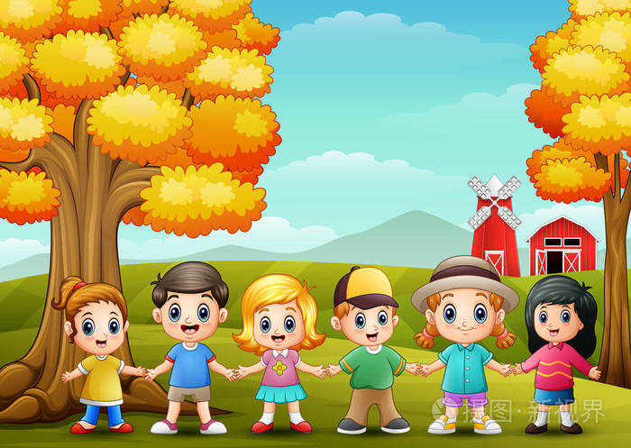 可爱的孩子们手牵手在一起农场背景
