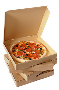 与堆叠的交付盒新鲜烤的比萨图片