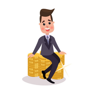 坐在一堆金币炫彩矢量插图的快乐百万富翁字符照片