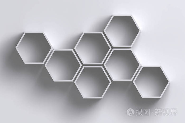 3d 空蜂窝六边形货架在白墙上的影子