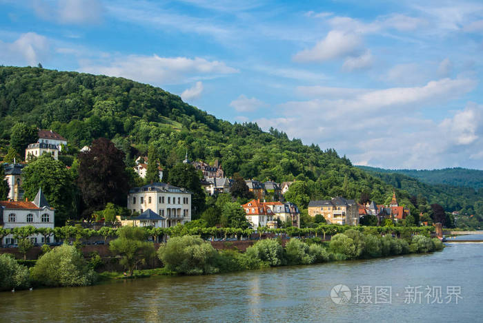 大量的住宅在半山腰处路堤的海德堡中心河畔，在屋顶上，巴登 Wrttemberg，德国在鸟瞰全景图