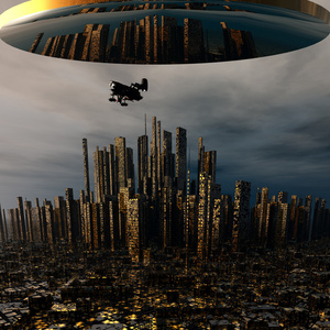 3d外星人ufo太空船在夜晚的城市照片