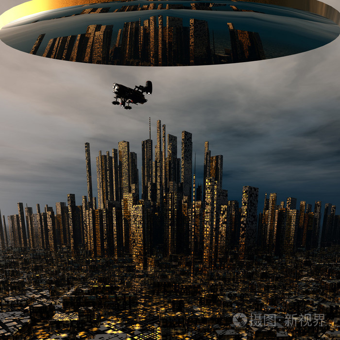3d外星人ufo太空船在夜晚的城市