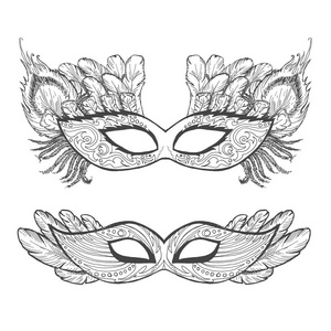组的假面舞会大纲面具,着色轮廓照片