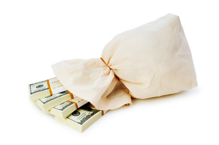 一袋袋袋的钱被隔离在白色上照片