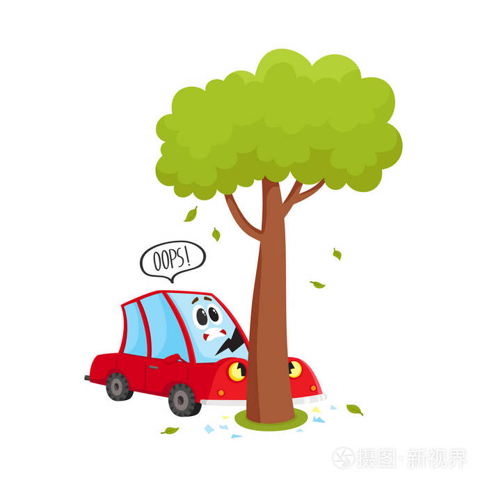 矢量平面卡通车撞到树事故