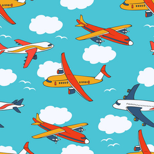 用明亮飞机在天空云与海鸥的无缝背景。图可以用于儿童服装，包装纸 壁纸 文具等的设计
