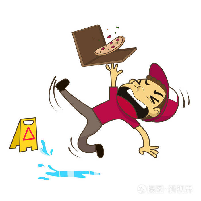 披萨男孩滑倒在湿的地板矢量图
