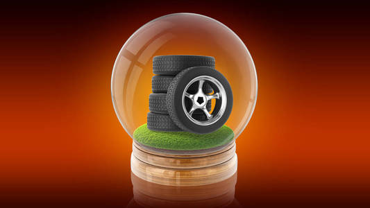 透明的球体球里面辆汽车的轮胎。3d 渲染
