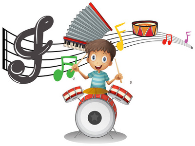 男孩在背景中扮演着音乐音符瑞丰照片