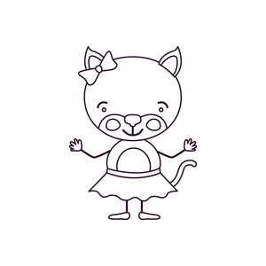 草绘轮廓漫画的可爱的表情女性小猫在用弓花边的裙子