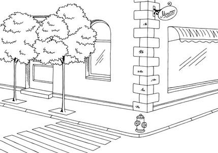 街路图形黑色白色风景素描图矢量夜街路图形色彩城市景观素描插画矢量