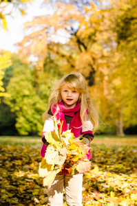 美丽的金发长发女孩在秋天公园拉着彩色的秋天叶子