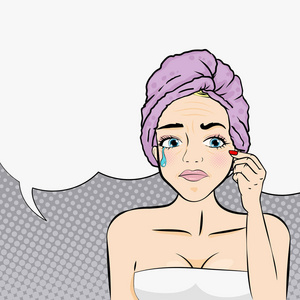 白色背景的可爱的卡通妇女与晒伤问题女人的头发问题美容妇女与黑头