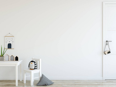 小样在孩子室内墙.斯堪的纳维亚的内饰风格.3d 渲染, 3d 图照片