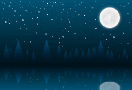 夜间的圣诞祝福。与针叶树实行满月的冬季景观。矢量图