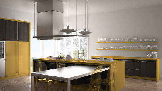 简约现代厨房的桌子 椅子和镶木地板