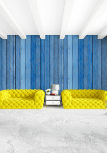 现代卧室黄色沙发豪华小风格室内阁楼设计与折衷的墙。3d 渲染