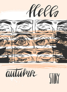 手写的字体相你好秋天故事与橙色背景图形眼睛的手绘制的矢量卡片模板。秋季海报